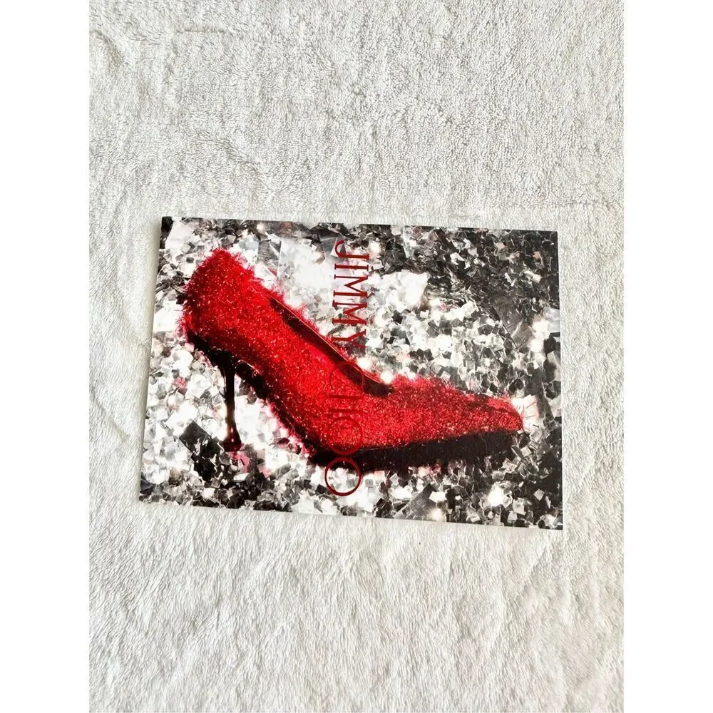 Jimmy Choo advertisement postcard with red, ruby slipper high heel ￼